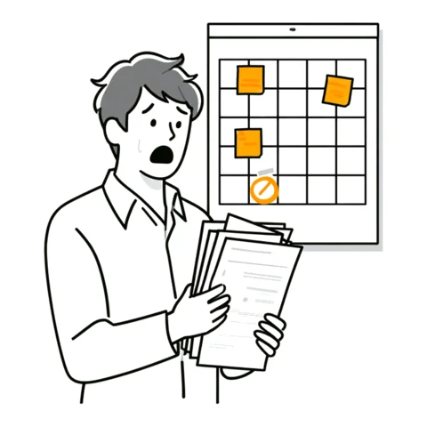 スケジュール表の前で書類を抱えて慌てる担当者