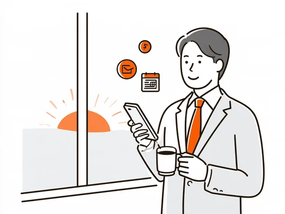 朝、経営者がコーヒーを手にスマホで報告を見ている